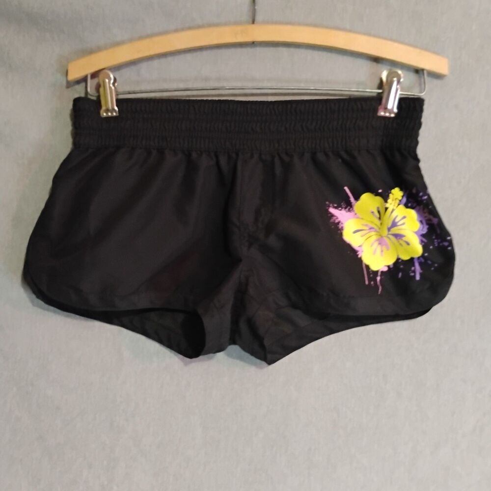 Y2K Arizona Board Shorts Low Rise Small Black Hibiscus Print Swim Beach Shorts